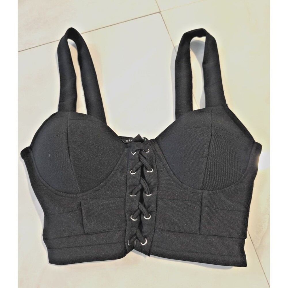 Haute Monde Black Bandage Bralette Crop Top Laced Up Front Corset Style Medium